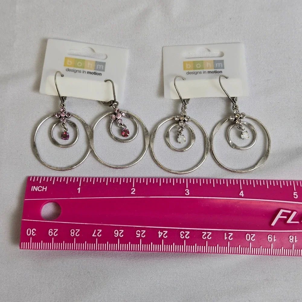 2 Pair Bohm Dangle/Drop Hoop Earrings, Silver‎ Tone, New